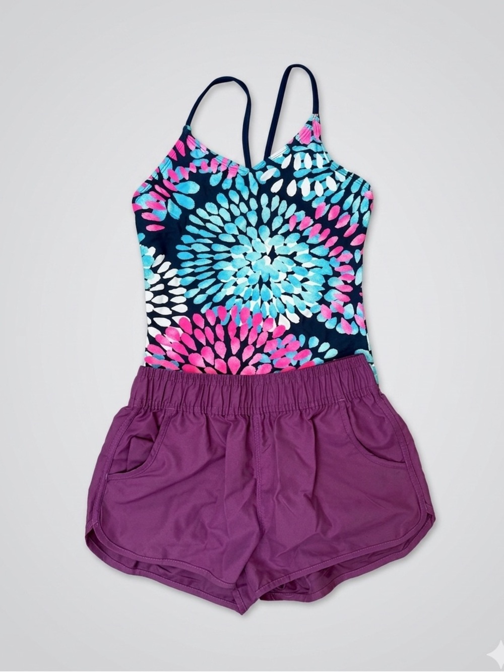 Kanu Surf Girls Purple/Navy Floral One-Piece Swim with Purple Swim Shorts